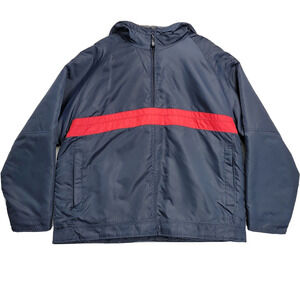 J Crew Anorak Hooded Half Zip Nylon Ext Fleece Int Size L Blue Red Jacket Mens